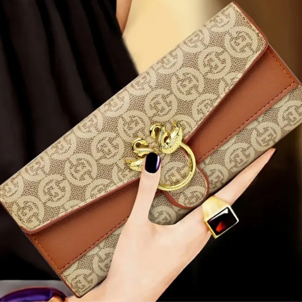 Swan Clasp "E" Monogram Wallet in Brown and Gold